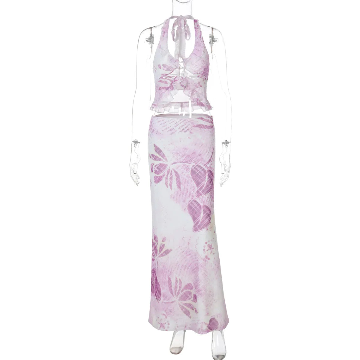 Mesh Print Sexy Skirt Two Piece Set Women Fashion Halter Tank Tops And Maxi Skirt Female Elegant Printed 2 Piece Set voguable
