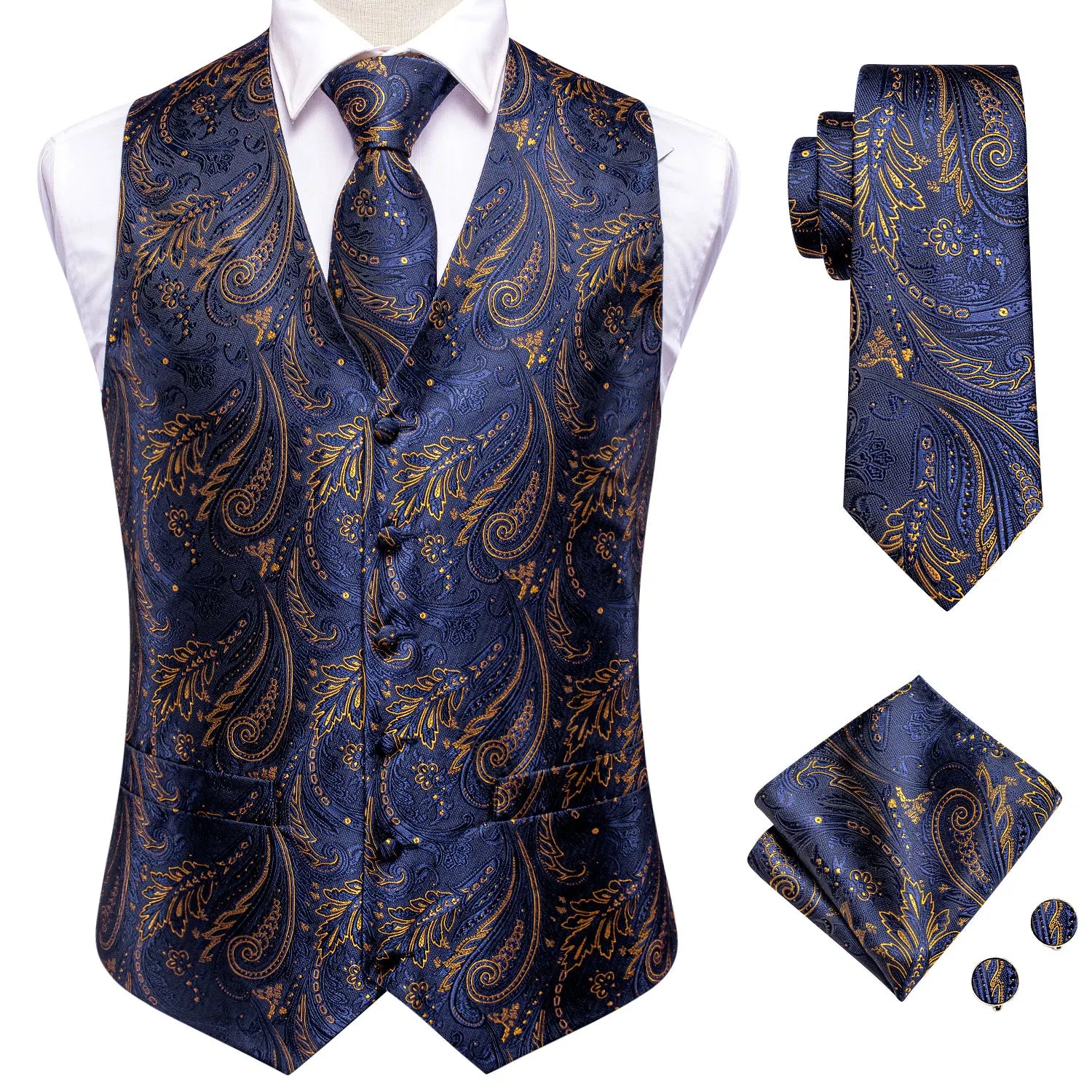 Hi-Tie Pink Green Paisley Silk Dress Vest Set For Men Dark Blue Jacquard Mens Suit Vest Male Waistcoat For Wedding Formal Jacket voguable