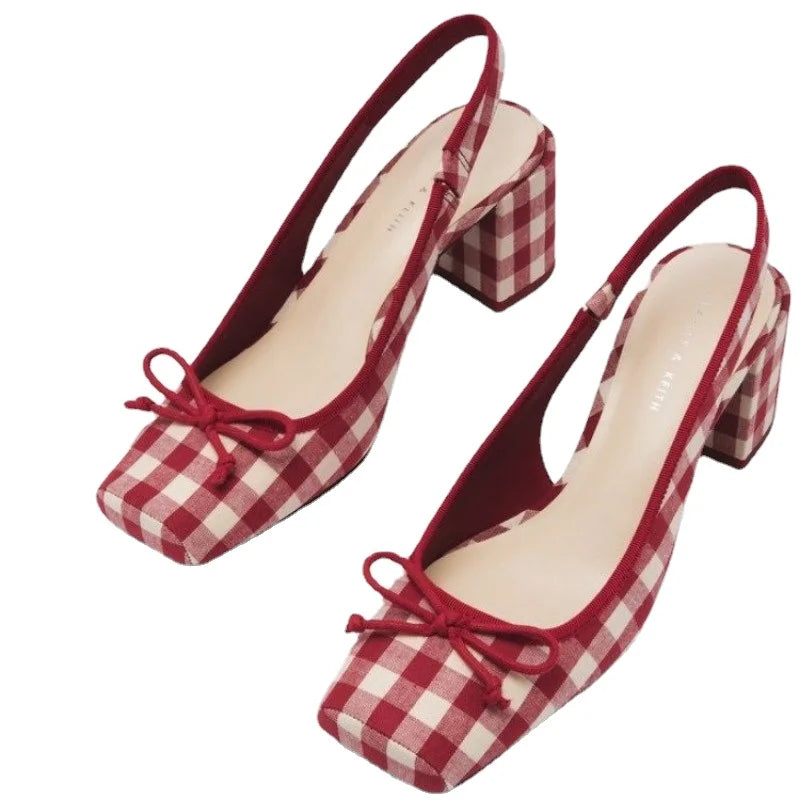 Women Chunky Heeled Sandals Retro Square Toe Mary Janes Pumps Shoes Slingbacks Spring Summer High Heels Baotou Plaid Shoes voguable