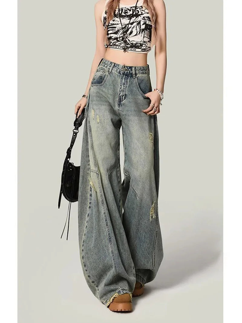 Women Y2K Hole Jeans Streetwear American Retro High Waist Loose Denim Pants Casual Hip Hop Vintage Pockets Lady Gothic Trousers voguable