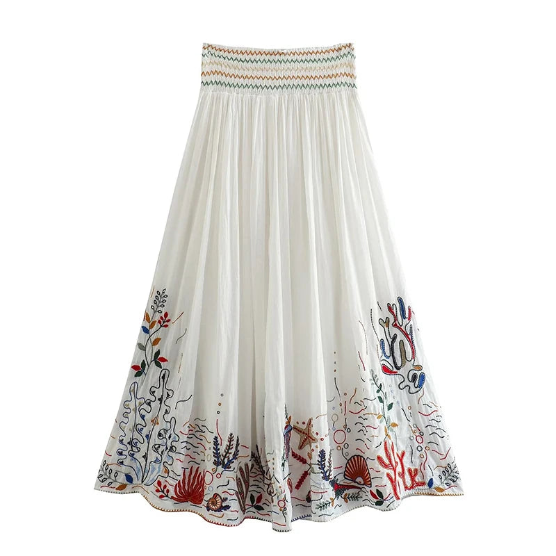 Voguable Women White Long Embroidered Skirt Vintage Drawstring Elastic Mid Waist Female Pleat Boho Skirts voguable