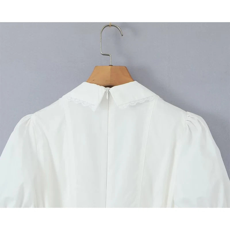 Voguable  Summer Women Vintage Puff Sleeve Lapel Collar White Mini Dress Tie Bow Sashes  Pleated Hem Female Cotton Robe voguable