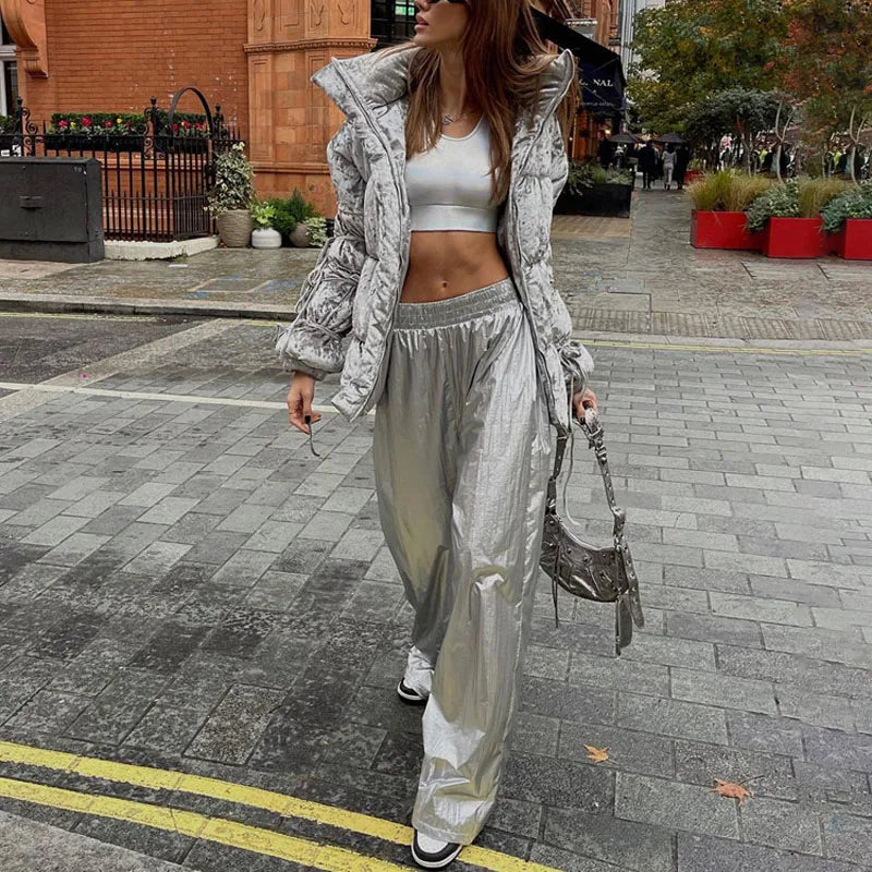 Fashionable Windproof Women's Pants  Autumn Silver Elastic Waist Loose Straight Leg Slimming Y2K Wide Leg Pants voguable