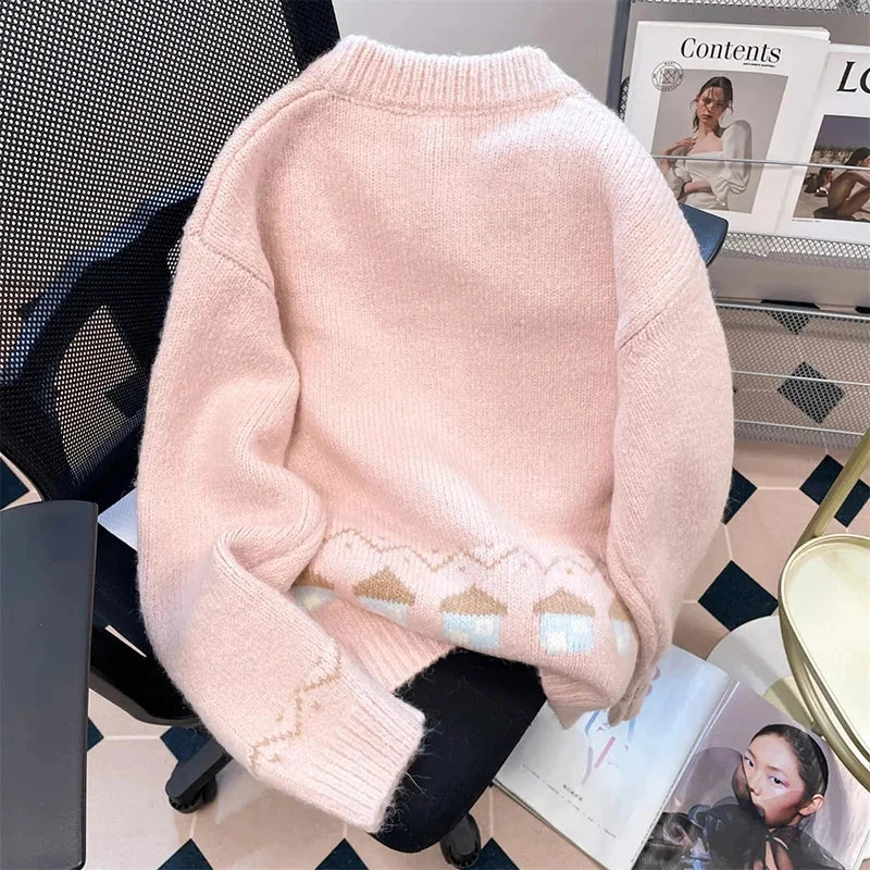 Cute Snowmen Pink Cardigan Sweater Women Vintage Sweet Print Loose Knitted Coat Japan Fall Winter Kawaii Female O Neck Tops voguable