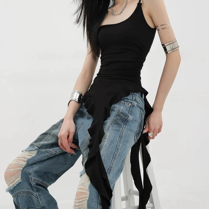 Sexy Tank Top Asymmetrical Black Y2k Women Ruffle Grunge Backless Coquette Fashion Streetwear Tops Solid Aesthetics voguable