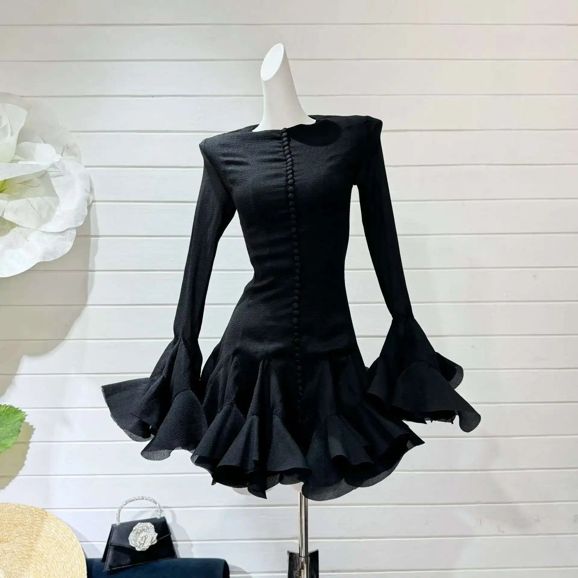 French Niche Women's Dress O Neck Button Flare Long Sleeve Spliced Ruffles Hem Solid Elegant Mini Dress 2025 New voguable