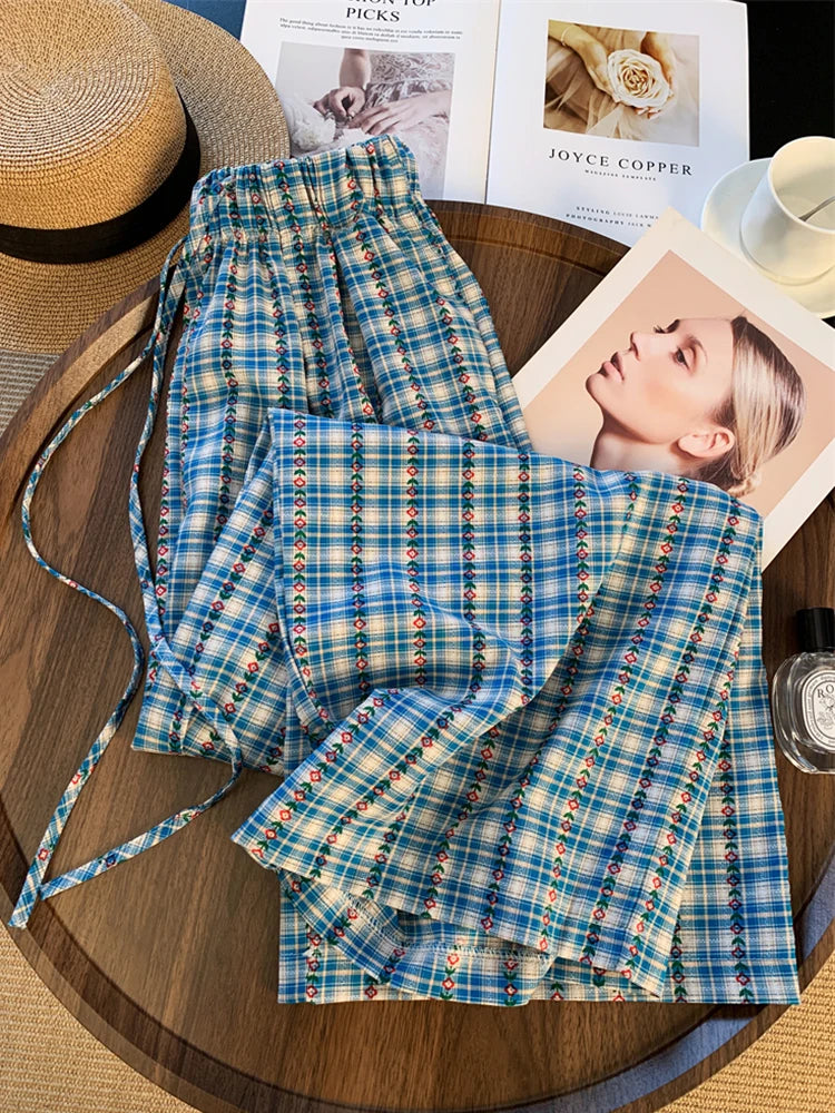 Floral Sweet Plaid Pant Women Vintage Loose High Waist Casual Straight Trousers Summer Retro Korean Female Wide Leg Pants voguable