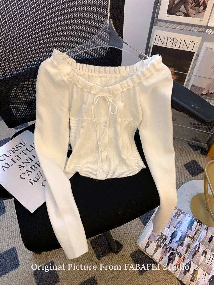 Autumn Winter Woman Slim Pullovers Slash Neck Sweater Long Sleeve Knitwear 2000s Aesthetic Korean Fashion Vintage Cute Core Chic Pbong
