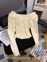 Autumn Winter Woman Slim Pullovers Slash Neck Sweater Long Sleeve Knitwear 2000s Aesthetic Korean Fashion Vintage Cute Core Chic Pbong