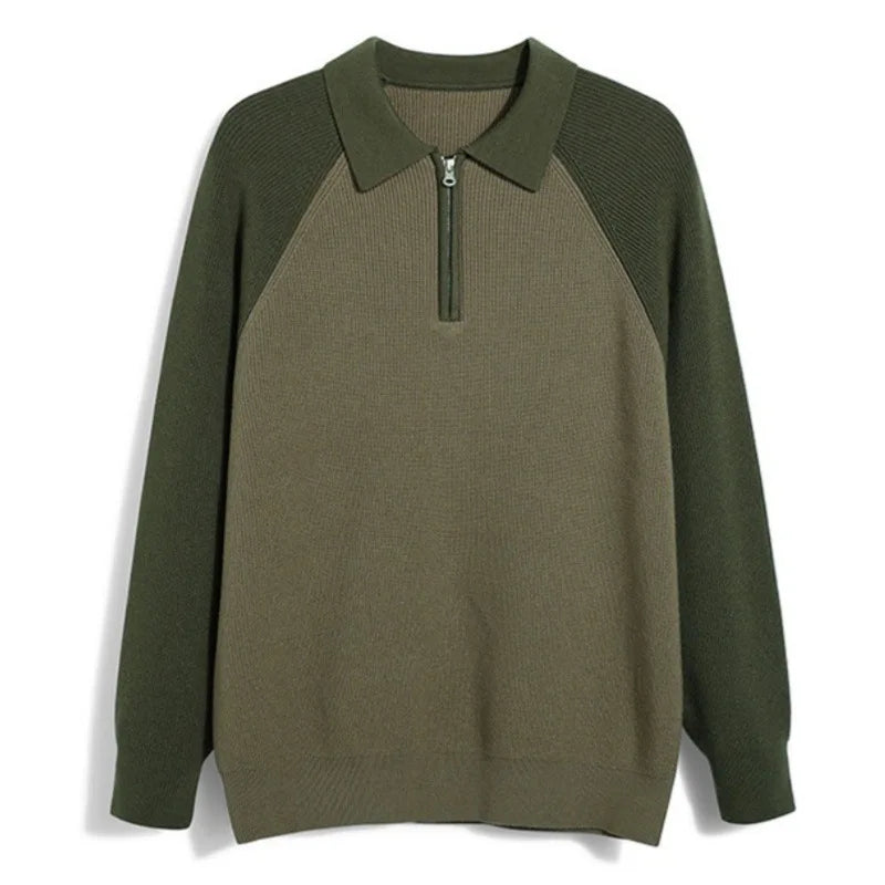 New American Chic Men Polo Sweater Luxury Trendy Business Zip-up Knit Solid Color Pullover Leisure Slim-fit Long Sleeve Knitwear voguable