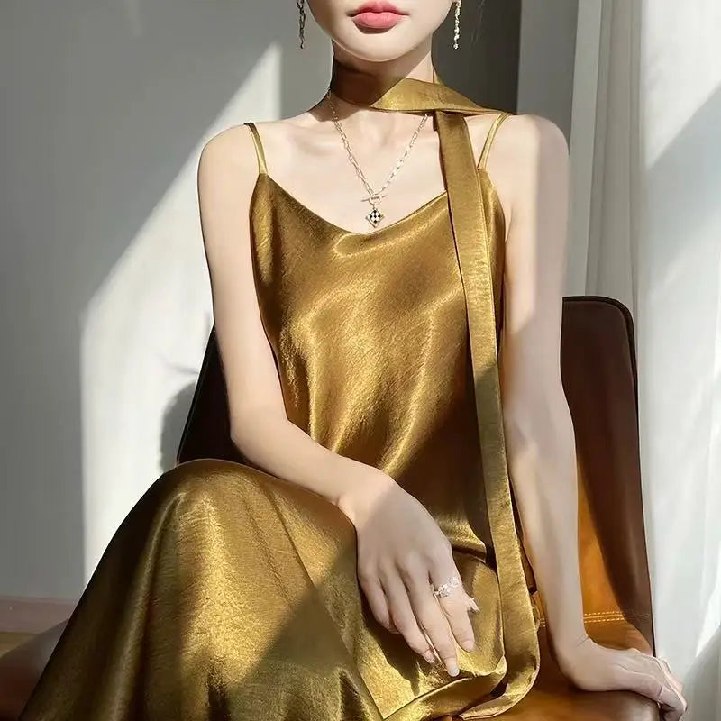French Elegant Satin Camis Dress Women Summer Loose with Ribbon Midi Dress Female Fashion Aesthetic Party Evening Slip Dress voguable