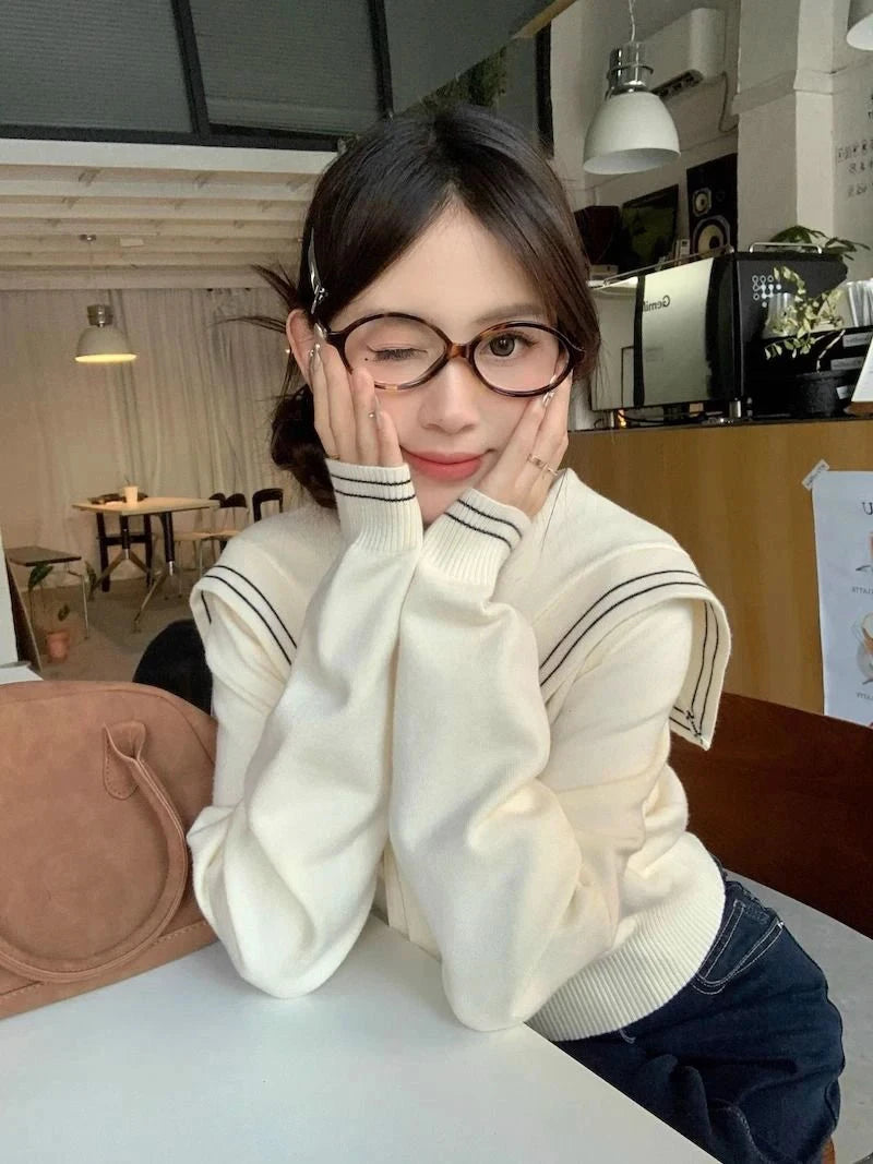 Sweet Sailor Collar Sweaters Women Vintage Preppy Style Fall Knitted Jumpers Casual Long Sleeve Lady Loose Striped Pullover New voguable