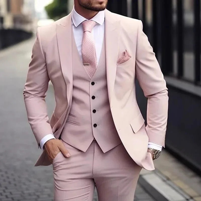 Voguable  Men's Casual Solid Color 3 Pieces Suits Slim fit Jacket Pant With Vest Tuxedo Party Costume Homme Formal Prom Wedding Set voguable