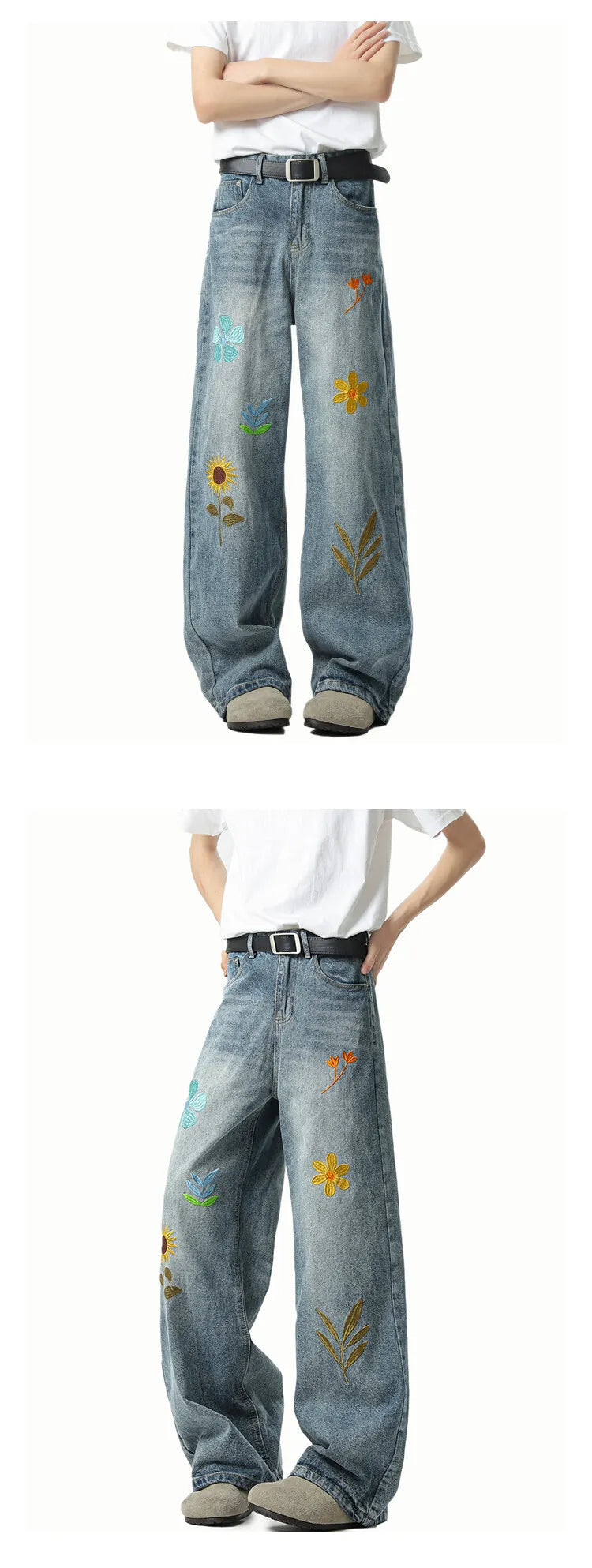 Jeans Men Washed Embroidered Jeans Loose Fit Straight Wide Leg Casual Denim Pants Fashion Trendy Streetwear Trousers Comfort voguable