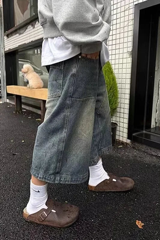 Voguable  American Retro Washed High Street Jeans Shorts Men's Loose Straight Wide Leg Casual Versatile Six Seven Pants voguable