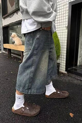 Voguable  American Retro Washed High Street Jeans Shorts Men's Loose Straight Wide Leg Casual Versatile Six Seven Pants voguable