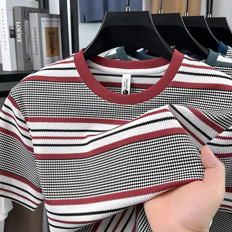 Voguable  Mens Striped Crew Neck T Shirt Casual Short Sleeve Breathable Tee voguable