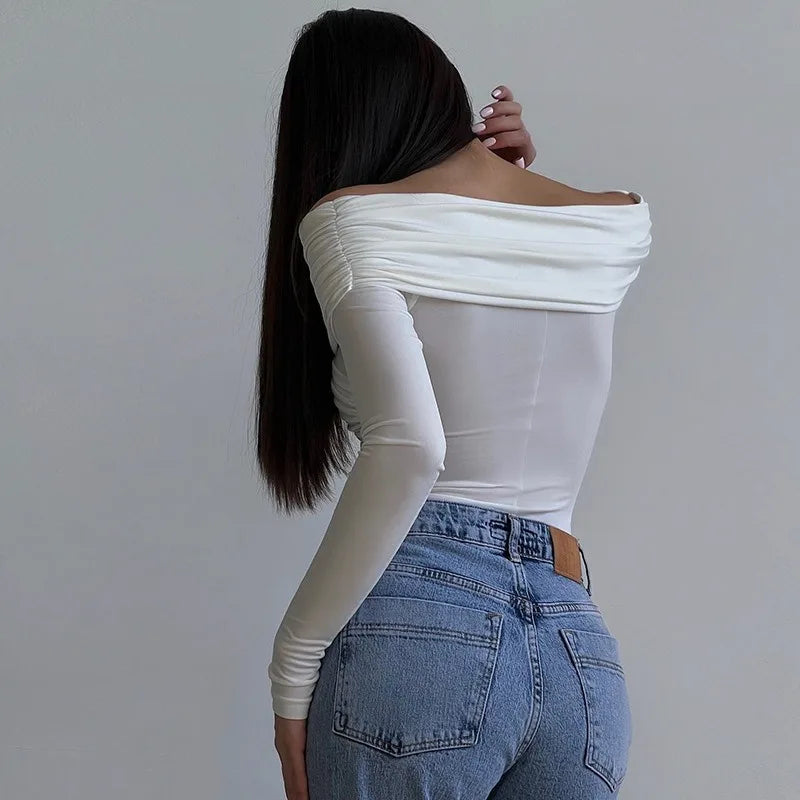 Red Sexy Off Shoulder Women's Bodysuits Fashion Crossed Folds Skinny Rompers Long Sleeve Fashion Streetwear Autumn Bodysuits New voguable