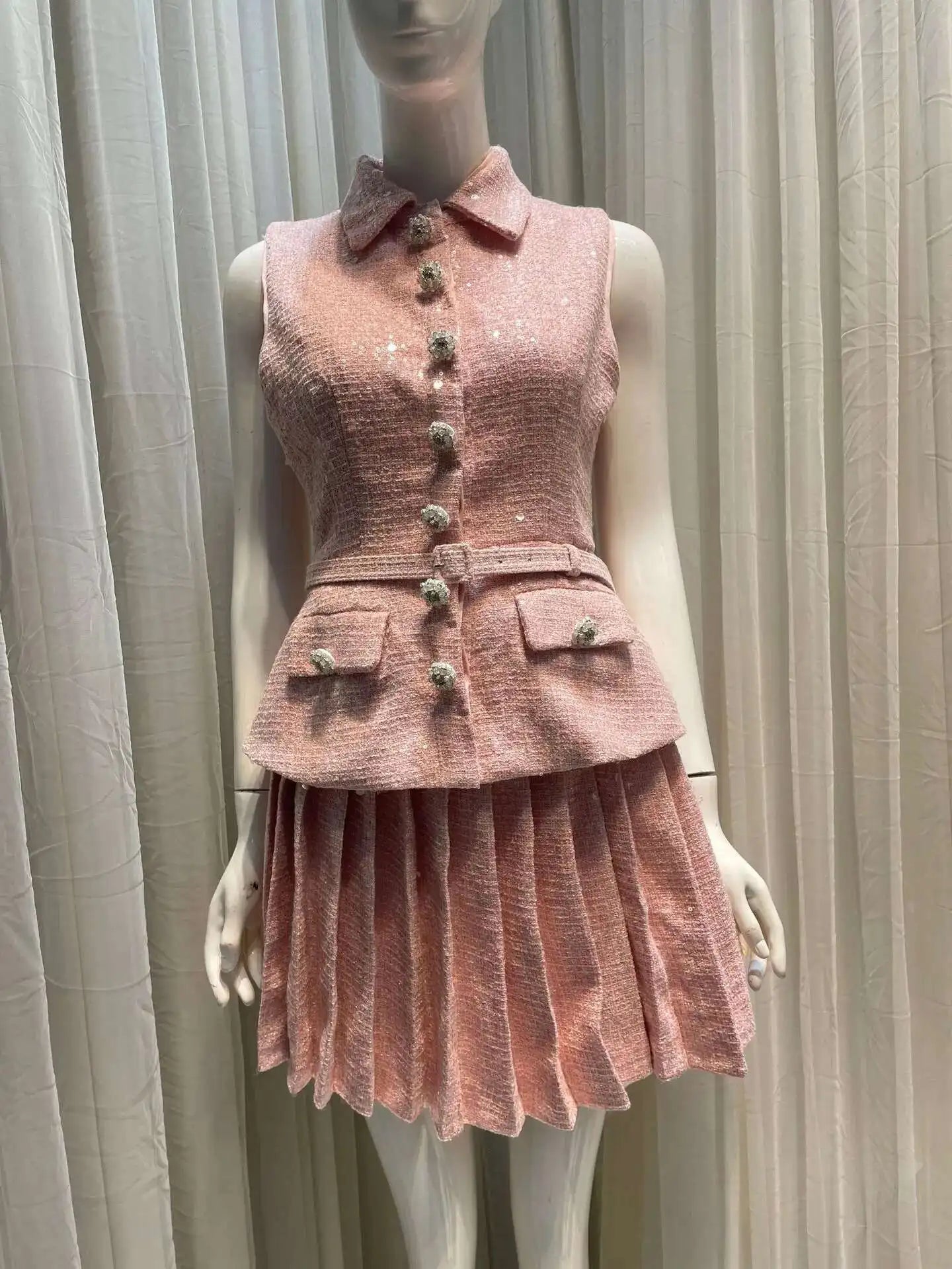 Women's Tweed Sequins Spliced 2 Pcs Set  Lapel Lace-up Sleeveless Belt Coat Pleated Mini Skirts Set 2025 New Tide voguable