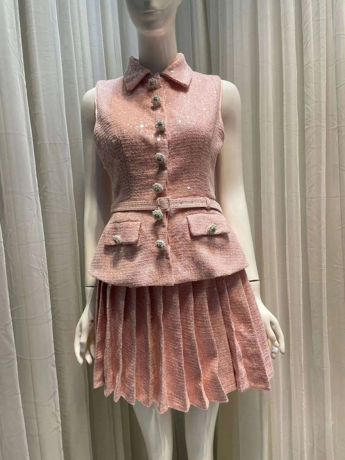 Women's Tweed Sequins Spliced 2 Pcs Set  Lapel Lace-up Sleeveless Belt Coat Pleated Mini Skirts Set 2025 New Tide voguable
