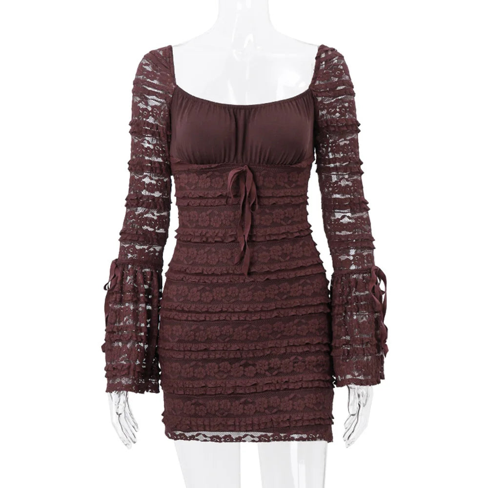 Women's Vintage Lace Ruffles Mini Dress Long Sleeve Textured Tight Hip Wrap Dress Elegant Bow Embellished Dress