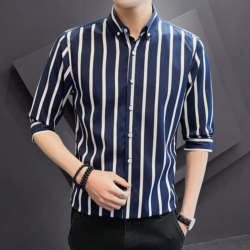 Voguable  Summer Men's Striped Seven Quarter Sleeve Shirt Youth Fashion Korean Version Slim Fit Five Quarter Sleeve Shirt voguable
