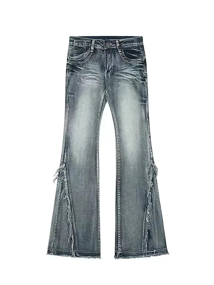 HOUZHOU Y2k Flared Jeans for Women Low Rise Washed Denim Pants Female American Vintage Clothes Raw Edge Design Patchwork Autumn voguable