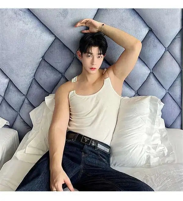 2025 New Fashion Male Vest Patchwork Personality Sleeveless Top Men's Solid Color Slim T-shirt Spring Trendy 9A8204 voguable