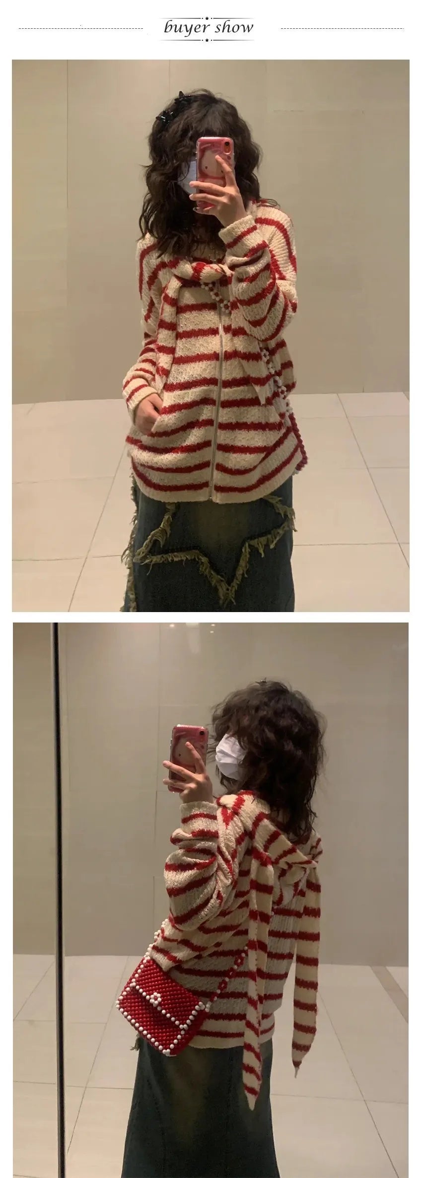 Japanese Y2k Hooded Cardigan 2000s Aesthetics Rabbit Ears Zipper Knitwear Vintage Harajuku Red Stripe Sweater Grunge voguable