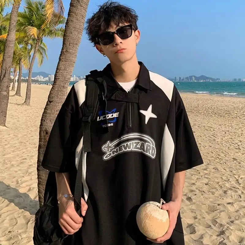 American Retro Short Sleeved Y2k Motorcycle Style Polo Collar Simple Versatile Loose Vintage Summer Couple T-shirt Casual Top voguable