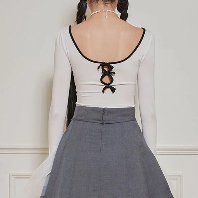 Voguable  Sweet Bow Contrast Patchwork Cropped Top Backless V-neck Slim-fit T-shirts Coquette Y2K Knitted Tees Autumn Women voguable