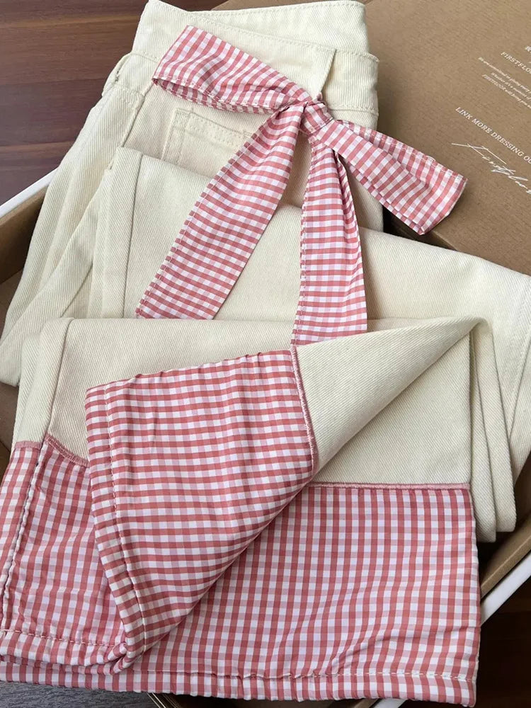 Plaid Patchwork Sweet Jeans Women Elegant Bow High Waist Denim Pant Fall Winter Loose Casual Female Fashion Wide Leg Trousers voguable