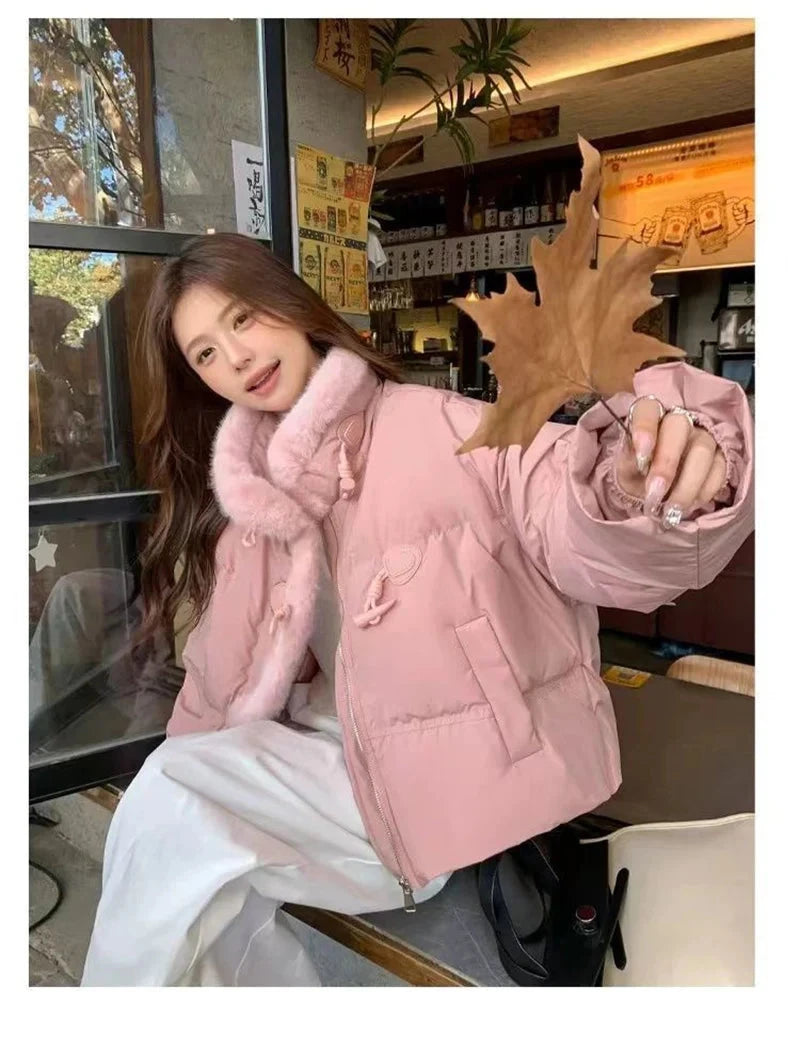 Winter Korean Pink Parkas Women Sweet Long Sleeve Warm Thick Cotton Coat Casual Stand Collar Preppy Style Lady Cute Jacket voguable