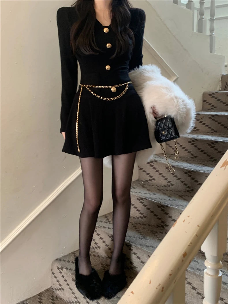 Voguable  Sexy Black Knitting Female Mini Dress Chic Chain Buttons Slim V-neck Fashion Women's Dresses Solid Color Winter Dresses voguable