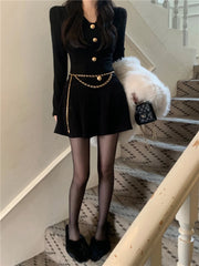 Voguable  Sexy Black Knitting Female Mini Dress Chic Chain Buttons Slim V-neck Fashion Women's Dresses Solid Color Winter Dresses voguable
