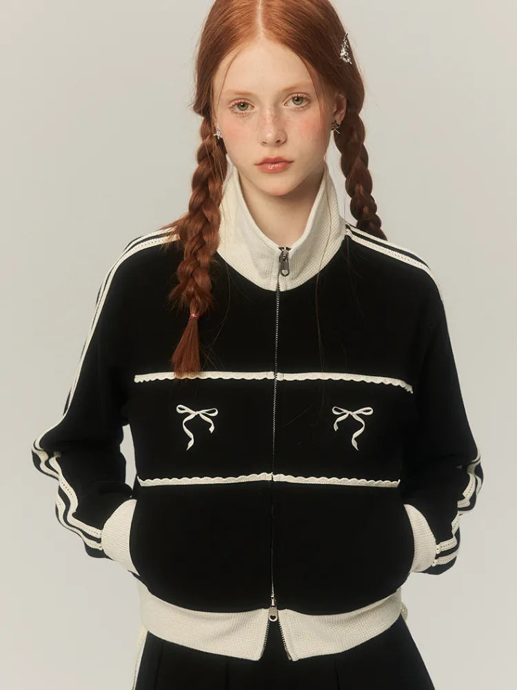 American Retro Lace Embroidery Zip Up Hoodie Bow Graphic Stand Collar Sweatshirt Causal Track Cardigan Kpop Clothes Chic voguable