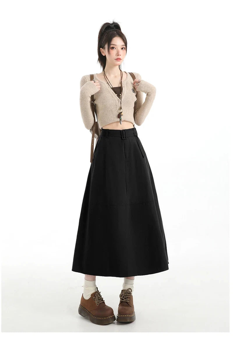 Retro Belt Long Skirt Women Casual Sweet High Waist A Line Skirts Preppy Style Fall Winter Lady Korean Vintage Long Skirts voguable