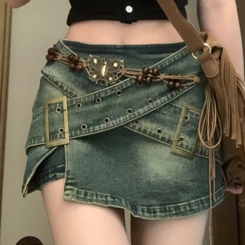 Voguable  Vintage Oversize Washed Old Denim Skirts Women New Summer Spice Girl Irregular A- Line Wide Leg Female Blast Street Denim Skirt voguable