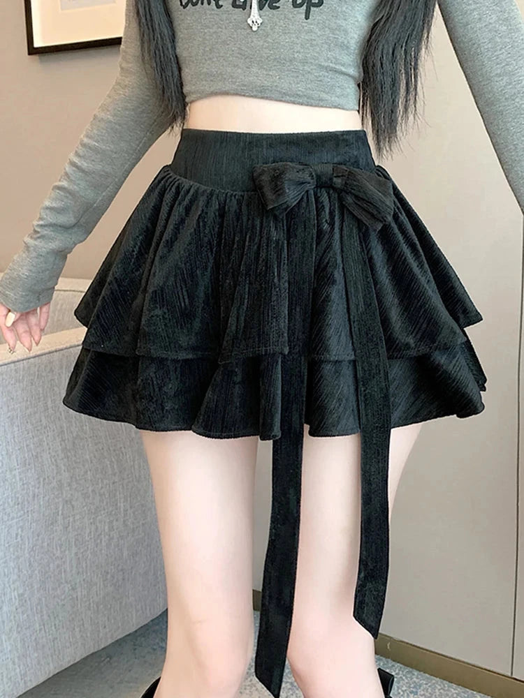 Sweet Bow Cake Skirts Women Vintage Slim High Waist Sexy Mini A Line Skirt Korean Preppy Style Fall Winter Dance Skirt New voguable