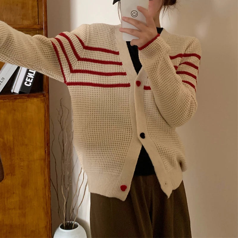 Striped Knit Cardigan Sweater with Heart-shape Button Front V-Neck Sweater Jacket Female Autumn Winter French Chic Cute Outfit voguable