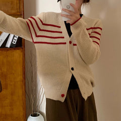 Striped Knit Cardigan Sweater with Heart-shape Button Front V-Neck Sweater Jacket Female Autumn Winter French Chic Cute Outfit voguable