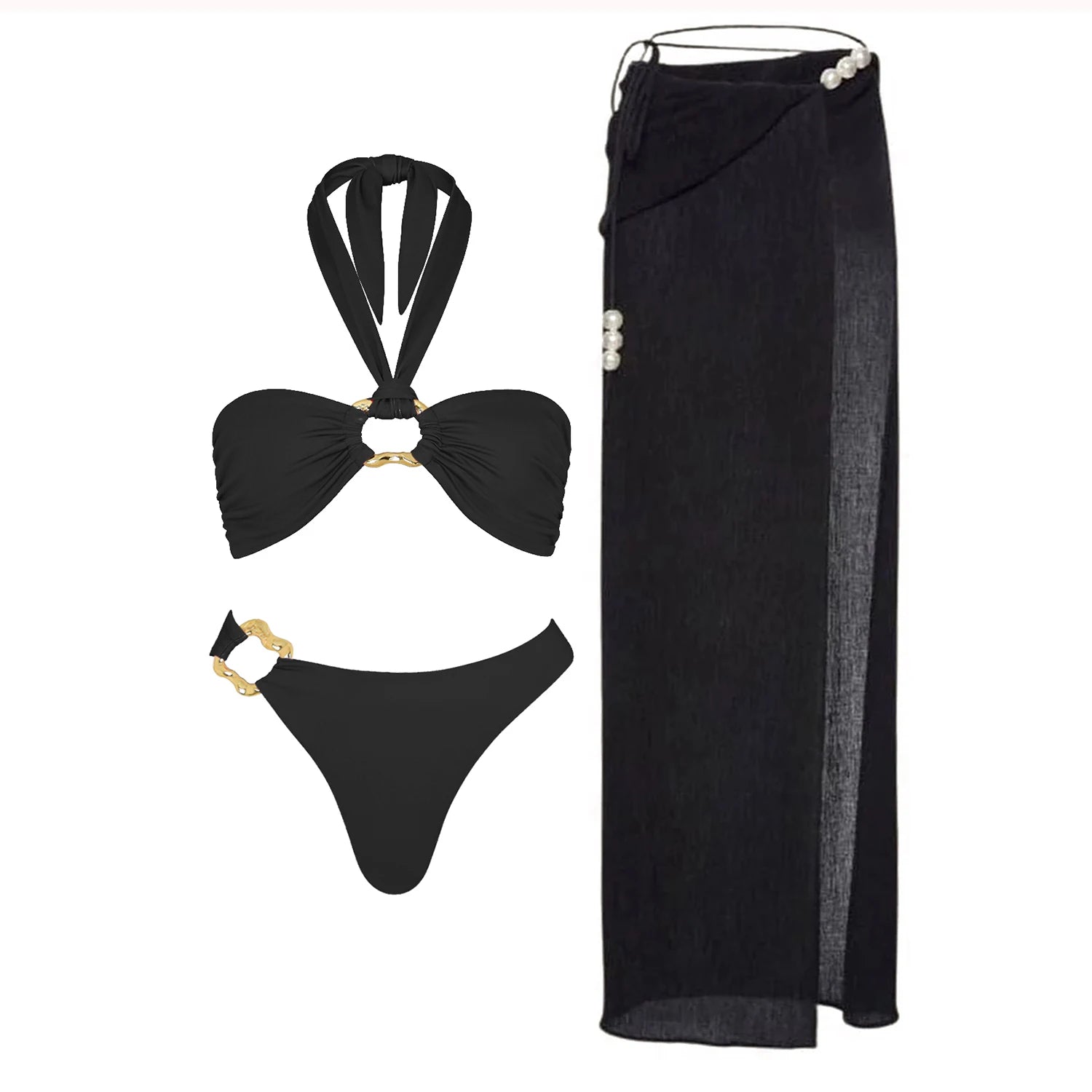 3Pcs Sexy Bikini Set With Cover Up Pearls White Swimsuit Women Halter Swimwear Female Off Shoulder Bathingsuit Biquini Beachwear voguable
