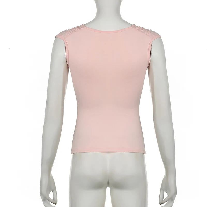 Voguable Y2K Rhinestone Frill Edge Bow T-shirt Pink Kawaii Japanese Lolita Casual Square Collar Short Sleeve Top Coquette Tees voguable