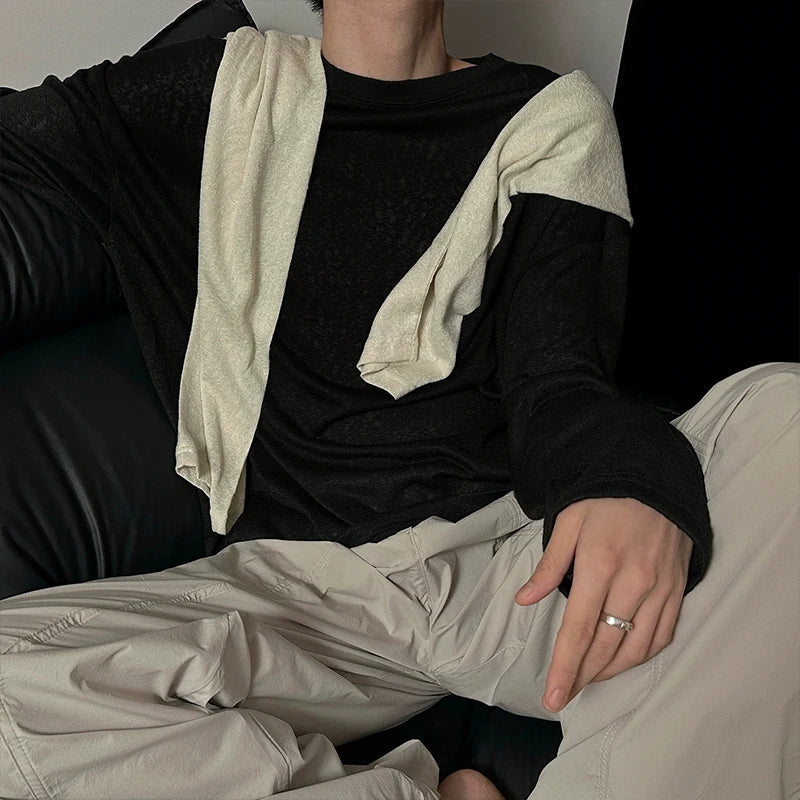Autumn Laid-back Style Draping Men's T-shirt Luxury Korean Popular O Neck Long Sleeve Tees Leisure Loose Lightweight Basic Shirt voguable