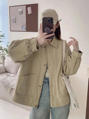 Fall Women Cargo Jacket Loose Preppy Style Long Sleeve Vintage Coat Casual Big Pockets American Retro Solid Bf Outwear Tops voguable
