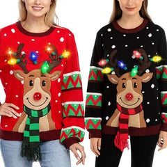Women LED Light Up Holiday Sweater Christmas Cartoon Reindeer Knit Pullover Top voguable