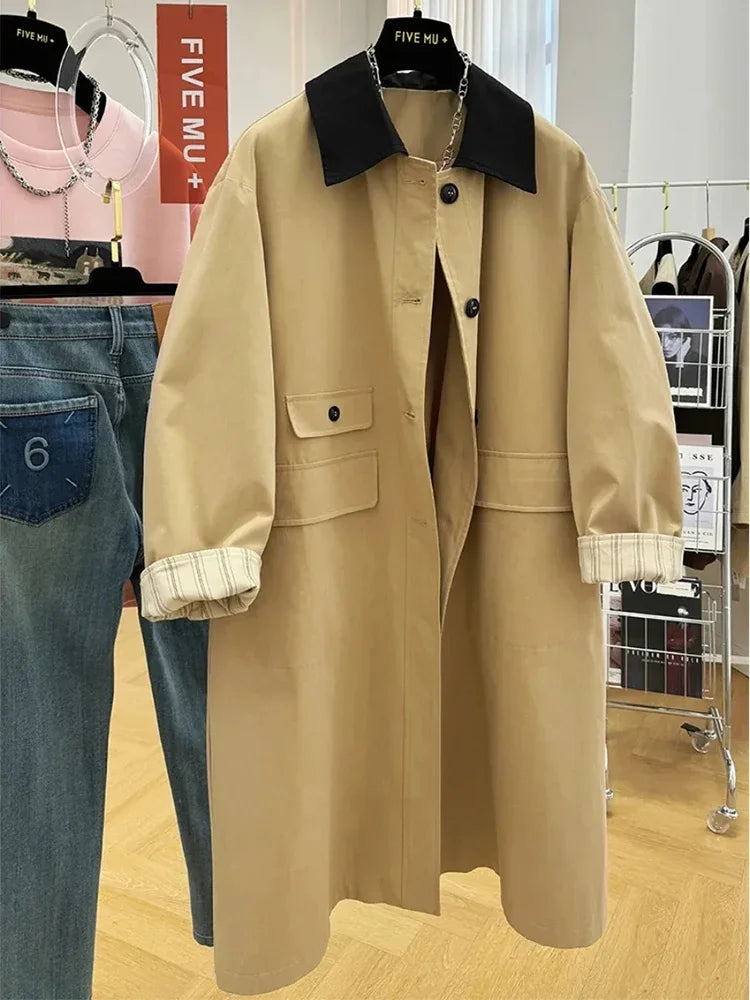 Y2K Fashion Patchwork Cargo Jacket Women Autumn Korean Chic Lapel Midi Windbreaker Bf Long Sleeve Loose Streetwear Overcoat voguable