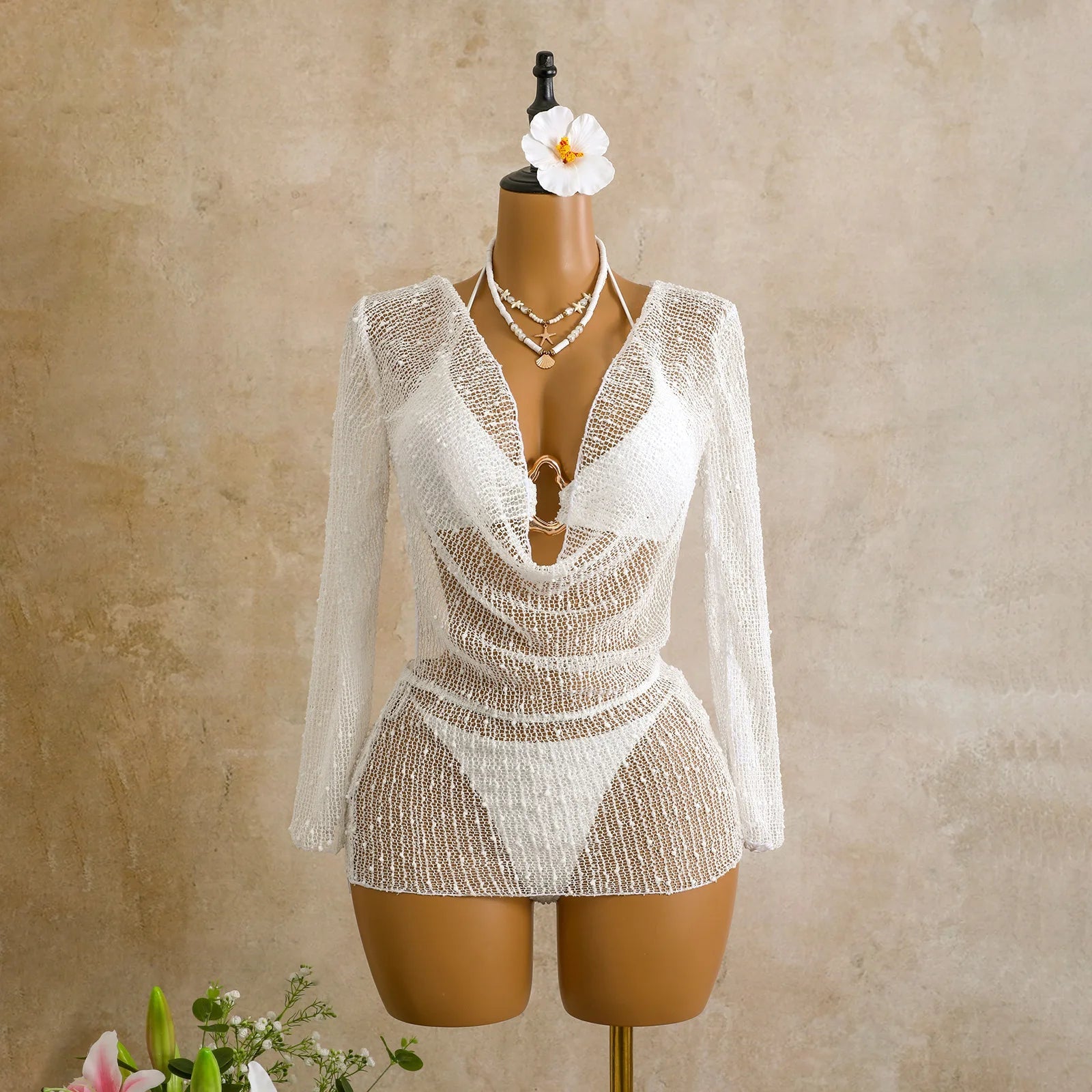 Voguable  Women's 3 Piece Swimsuit Set Ring Linked Halter Bikini with Sheer Mesh Cover Up Dress Long Sleeve Beach Outfit Swimwear voguable