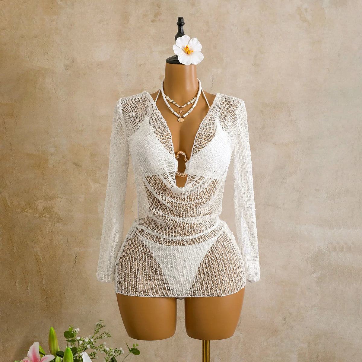 Voguable  Women's 3 Piece Swimsuit Set Ring Linked Halter Bikini with Sheer Mesh Cover Up Dress Long Sleeve Beach Outfit Swimwear voguable