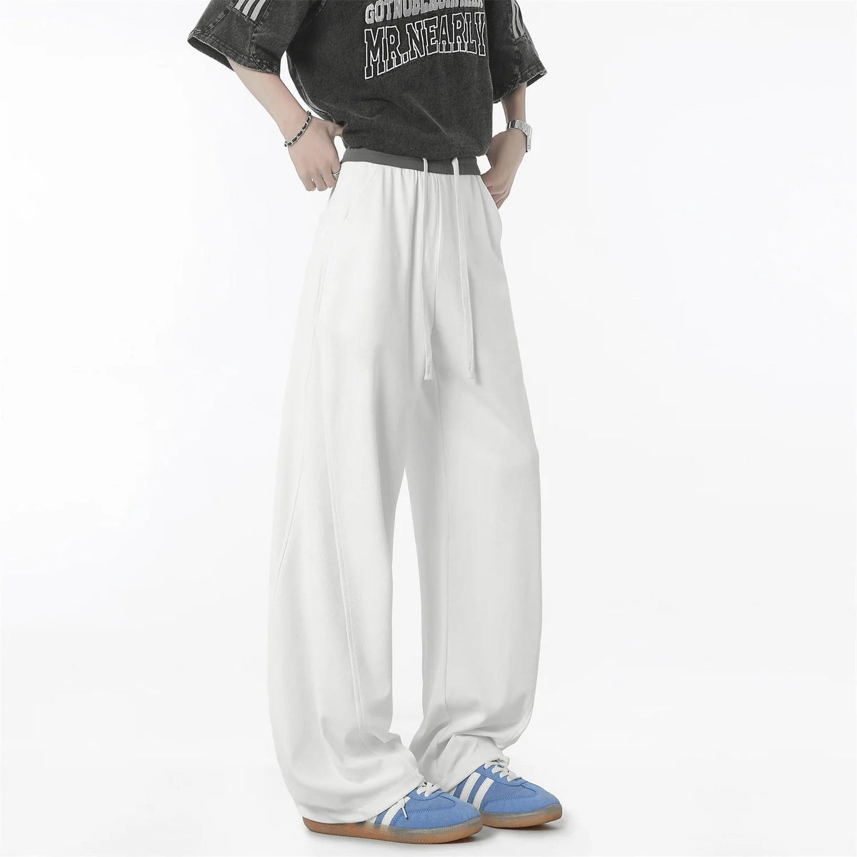 Voguable  Men Summer Thin Ice Silk Quick Dry Pants Color Block Curved Wide Leg Clean Fit Flared Straight Trousers With Drawstring Waist voguable
